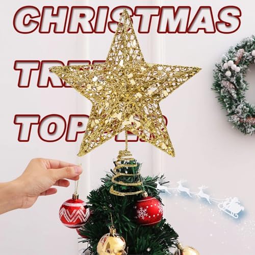 Christmas Tree Topper Star Small Gold Christmas Star Metal Glitter Xmas Tree Topper for Pencil Trees Decorations 8 Inch