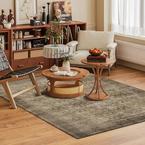 Washable Area Rug 8' x 10' Vintage Traditional Persian Mat - Foldable Distressed Non-Slip Machine Washable Carpet for