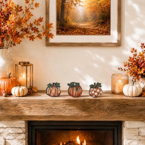 Smile Fall Wooden Tabletop Decor Set 3-Piece Patterned Pumpkin Table Topper Signs for Autumn Harvest Home Decor