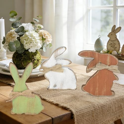 3Pcs Easter Decorations, Farmhouse Wooden Bunny Table Decor Rustic Rabbit Centerpieces Sign for Home Tiered Tray Mantel Office Party Supplies (Dark)