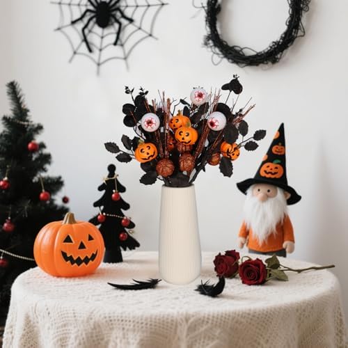 5PCS Artificial Halloween Flowers,13.4 Inch Artificial Pumpkin Maple Leaf Floral Stems Branches &Eyeball Halloween Decoration for Indoor Home Farmhouse Party Table Vase Décor