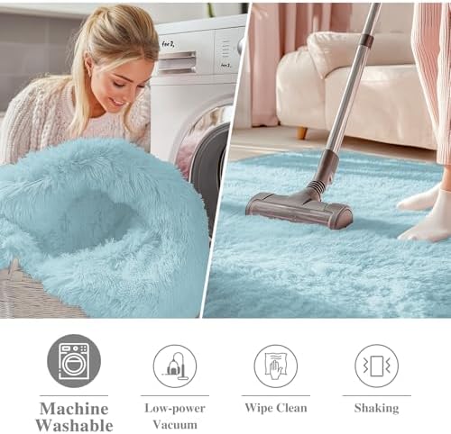 OLANLY Light Blue Round Rugs for Bedroom - Machine Washable, 2 ft Circle Area Rugs for Living Room, Soft and Fluffy
