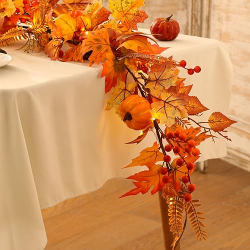 6ft Fall Maple Leaves Garland with Fern, Willow Stems, Berry, Pumpkins, pinecones. Artificial Autumn Harvest Garland for Festivals, Thanksgiving, Halloween, Fireplace Porch Indoor Outdoor Decoration