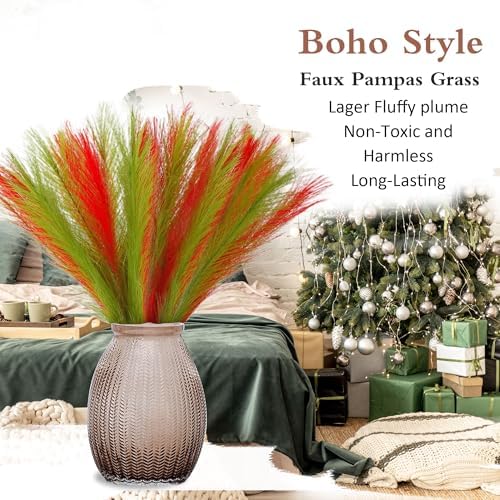 Faux Red Green Pampas 30PCS 17" for Christmas Floral Fillers