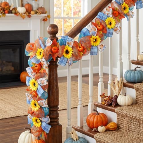 Fall Garland for Mantle 6FT Pumpkin Sunflower Mesh Autumn Decor