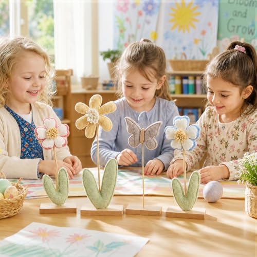 SUNBEAUTY Flower Centerpieces for Tables Felt Flower Butterfly Tabletop Decor with Wooden Base Boho Nursery Baby Girl Shelf Decor