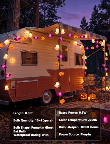 8.5FT 10 LED Halloween Pumpkin Bat Ghost String Lights Outdoor, Linkable