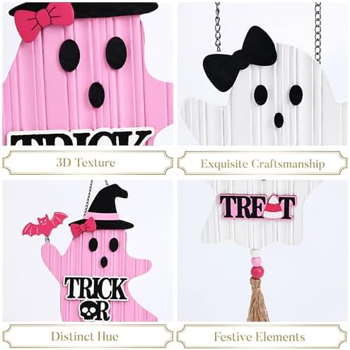 Valery Madelyn Pink Halloween Decor, Cute Halloween Door Wreath Decorations, Ghost with Witch Hat Wooden Hanging Sign for Wall Window Door Handle, 22 inch