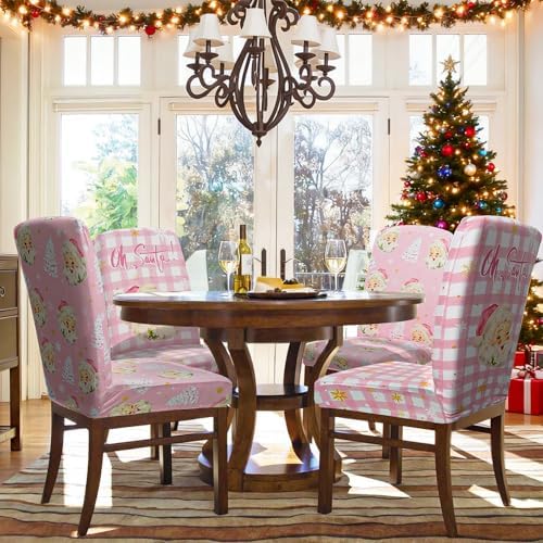 Christmas Chair Cover Set of 6 Santa Snowflake Winter Dining Room Slipcovers Stretch Parsons Chair Seat Protectors Xmas Tree Holiday Decor-6PCS