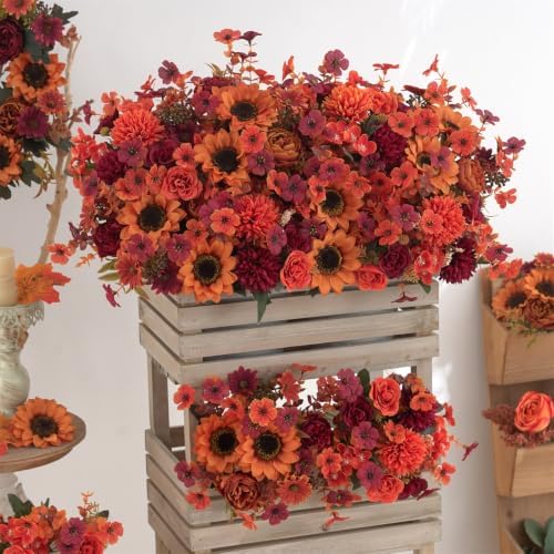 Mixed 10 Pcs Fall Artificial Sunflower Peony Bouquet, Burnt Orange Burgundy Silk Faux Flower, Autumn Faux Floral Arrangements for Wedding Table Centerpiece DIY Thanksgiving Farmhouse Outdoor Decor