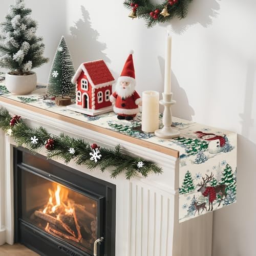Artscope Reindeer Snowman Christmas Tree Table Runner, Xmas Winter Snowflakes Holiday Kitchen Dining Table Decoration for Christmas Home Party Decor 13x108 Inch-Beige