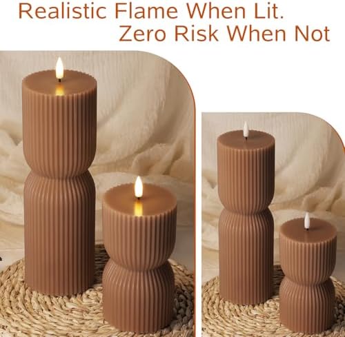 Brown Ribbed Fall Flameless Pillar Candles with Remote Set of 2
