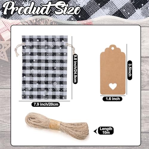 Shappy 24 Pcs Christmas Drawstring Gift Bags Xmas Buffalo Plaid Burlap Advent Bags 10 x 8 Inches Linen Treat Candy Bag with 32.8 ft Rope 24 Card(Black White Snowflake)