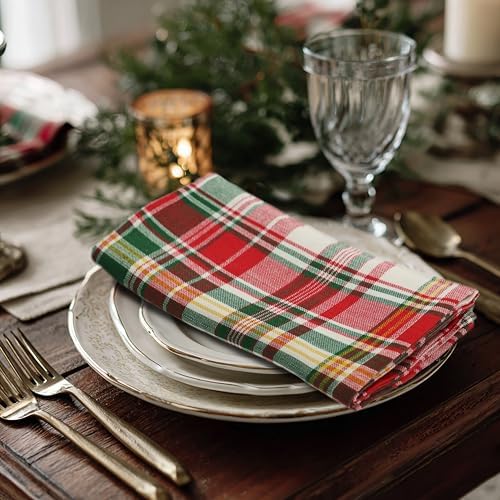 COTTON CRAFT Christmas Tartan Plaid Cloth Napkins - 12 Pack 100% Cotton