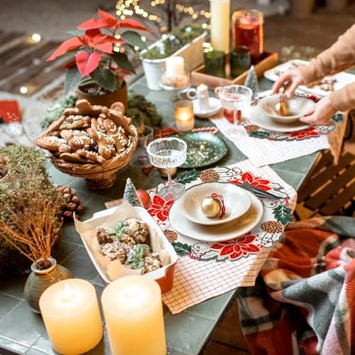 HunnmingRe Christmas Placemats Set of 6 Embroidered Velvet Poinsettia Table Mats 14 Inch White and Red Double Layer Xmas Placemats for Xmas Holiday Tabletop Home Dining Kitchen
