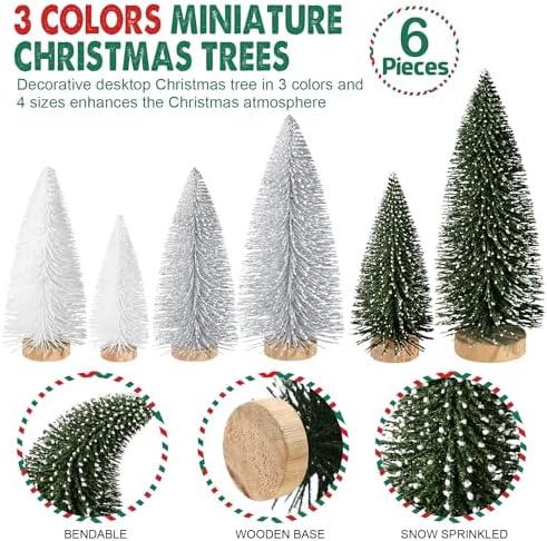 6pcs Mini Christmas Trees Christmas Decor, Artificial Christmas Mini Bottle Brush Trees Tabletop, Christmas Decoration Trees with 4 Size Xmas Holiday Decor (6pcs Green+Silver+White)