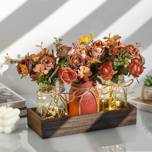 3 Pcs Mason Jar Centerpiece Table Decorations for Dining Table Decor Farmhouse Coffee Table Decor with Wood Tray and
