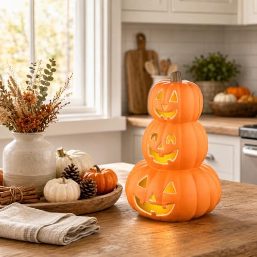 Evelyne Stacked Jack-O’-Lantern Pumpkin Decoration – 3-Tier Light-Up Halloween Gourd HDPE Plastic – Indoor/Outdoor Fall Decor with Happy Ghost Faces – Cute Pumpkin Tower for Porch Tabletop