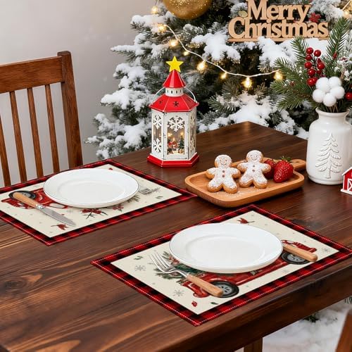 OTOSTAR Christmas Placemats Set of 4, 12x18 Inch Red and Black Buffalo Plaid Christmas Truck Tree Place Mats Seasonal Winter Xmas Holiday Kitchen Dining Table Mats for Home Party