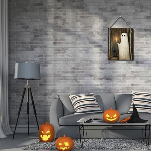 Cute Halloween Decorations Indoor - Funny Ghost & Black Cat Wooden Hanging Sign - Farmhouse Home Shower Room Decor