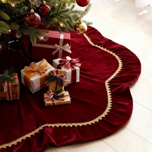 Arrowbash Red 72 Inch Christmas Tree Skirt Velvet Scallop Ddge