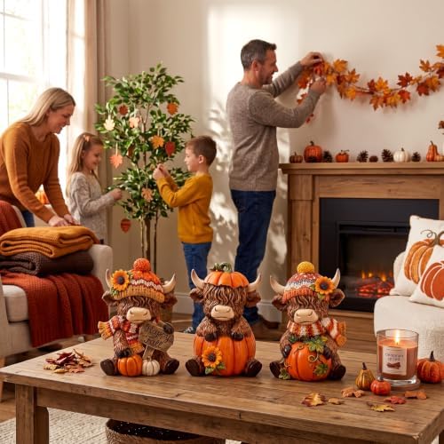 Simgoing 3 Pcs Happy Fall Highland Cow Figurines Pumpkin and Sunflower Cow