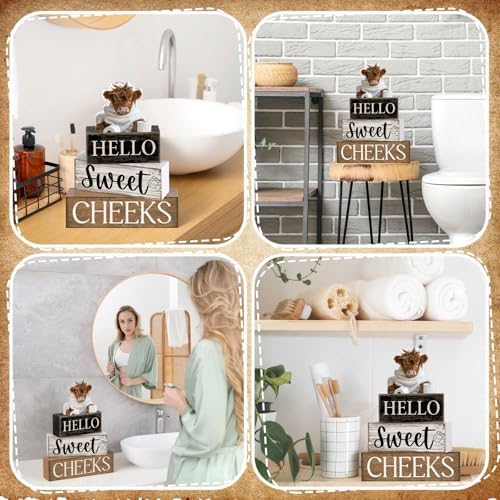 Moucuny 4 Pcs Highland Cow Bathroom Decor Wooden Signs, Farmhouse