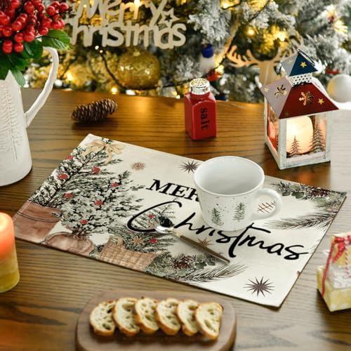 Artoid Mode Xmas Trees Holly Pine Cone Merry Christmas Placemats Set of 6, 12x18 Inch Seasonal Winter Holiday Table Mats for Party Kitchen Dining Decoration