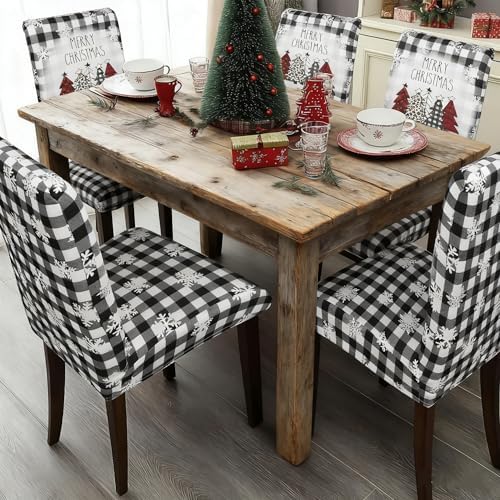Christmas Chair Covers Set of 4 Buffalo Plaid Christmas Tree Dining Chair Seat Cover Stretch Removable Xmas Chair Slipcover Protector for Xmas Dining Room Kitchen Home Decor