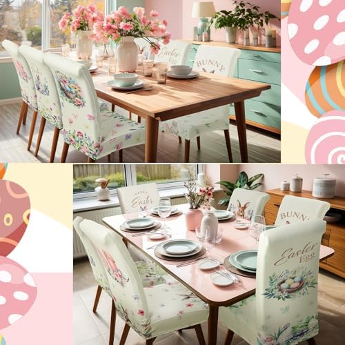 Hosuly 6 Pcs Easter Chair Covers Print Bunny Egg Flower Removable Seat Covers for Home Easter Spring Restaurant Decor or Hotel Restaurant Party Banquet