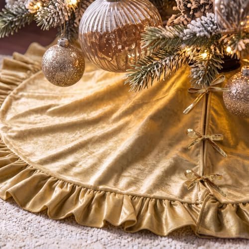 Velvet Christmas Tree Skirt, 60 Inches, Bow Style, Gold