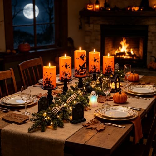 kakoya 5 Pack Halloween Flameless LED Pillar Candles, Orange Plastic Battery Operated Candles with 2 Remote Timer, Castle Pumpkin Witch Pattern for Halloween Spooky Decor