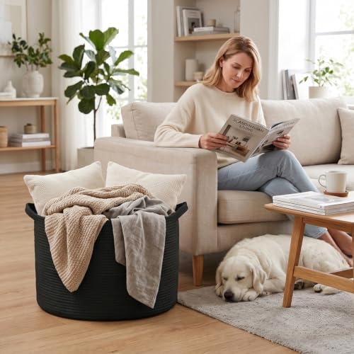 90L Extra Large Blanket Basket,Woven Rope Laundry Basket-Black