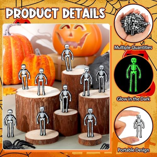 Simgoing 50 Pcs Halloween Mini Skeleton Decoration Glow in the Dark Skeleton Bulk Luminous Tiny Figurine to Hide and Seek Small Skull Toy for Halloween Haunted House Party Favor Decor (White)