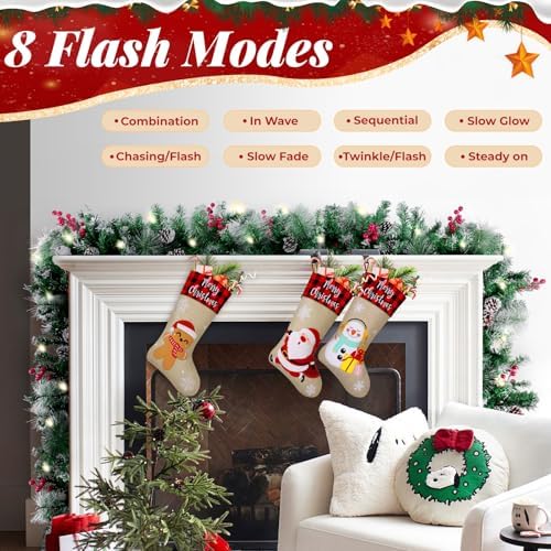 BlessedSeason 12FT Christmas Garland with Lights, Artificial Lighted Garland Indoor for Stairs, Fireplace, 65 Lights Green Garland, Cones & Red Berries & Pine Needle