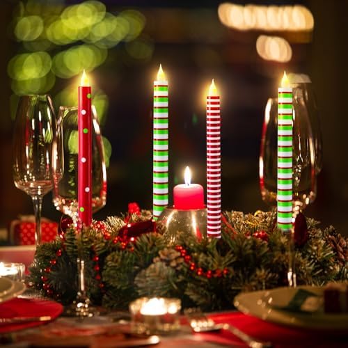 Baquler 6 Pcs Christmas Flameless Taper Candles 10.6 Inch for Home Decor