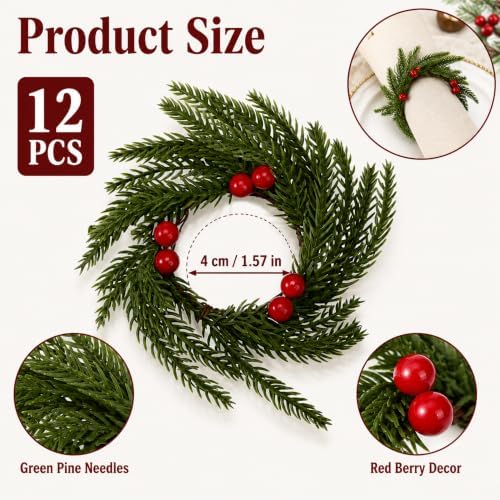 12 Pcs Christmas Napkin Rings Wreath Napkin Holder, Red Berry