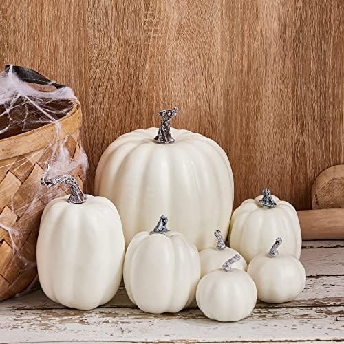 Halloween Autumn Harvest Festival 7 Artificial Pumpkins of Various Styles Decorate Rural Style Farmhouses Foam Pumpkins Thanksgiving Dinner Party Home Festival Autumn Decoration (White)
