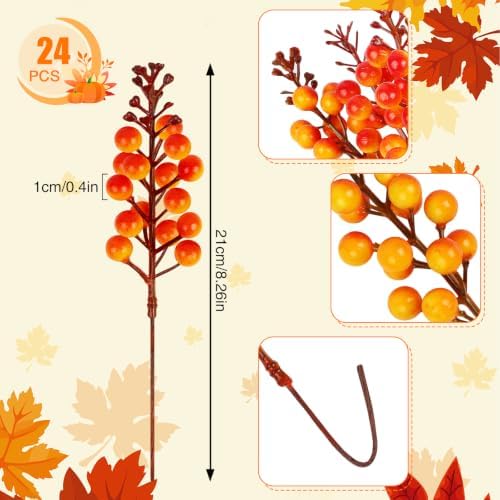 24 Pack Fall Berry Stems 7.5" Orange Berry Picks
