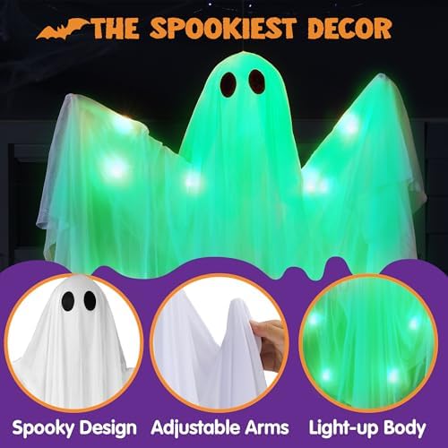 JOYIN Halloween Hanging Light up Ghost, 47" White Ghosts with Green LED Light and Timer Halloween Hanging Decoration Waterproof for Front Yard Patio LawnGarden Party Decor Indoor Outdoor