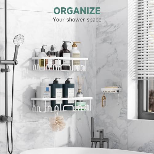 Veken Shower Caddy 3-Pack, Advanced Rustproof Design, No Drilling Adhesive Shelves, Rack with Soap Holder, Large