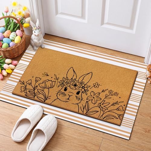 Tinideya 2 Pcs Easter Floral Bunny Layered Door Mat Set