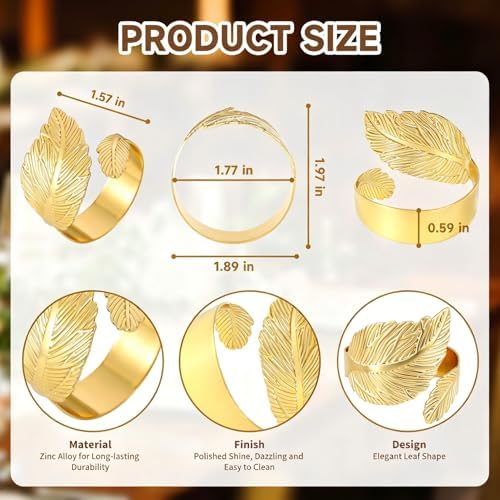Gold Napkin Rings Set of 24, Solid Metal Laurel Leaf Table Decor