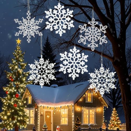 8pcs Large White Silver Snowflakes Ornaments Big Plastic Glitter Snowflake for Winter Indoor Outdoor Christmas Tree Window Room Decorations Giant Craft Snowflakes