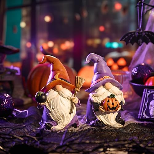 Valery Madelyn Gnomes Halloween Decorations Indoor, 2 Pcs Resin Gnome Decor for Home with Witch Hat Broom Jack O Lantern Moon, Halloween Figurines Elf Dwarf for Table Tiered Tray Outdoor, 6.3"