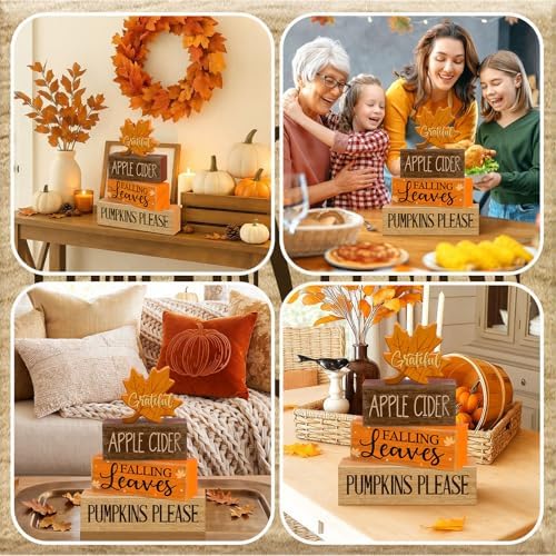 Moucuny 4 Pcs Fall Wooden Block Signs Tiered Tray Decor, Grateful