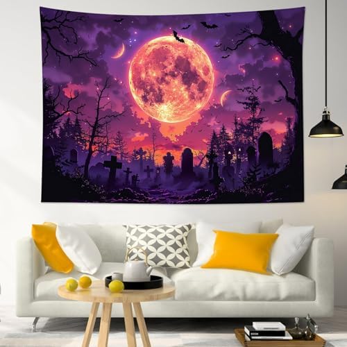 LB Spooky Halloween Tapestry Wall Hanging Black Bat Dead Tree Horror Graveyard Tapestry Purple Moon Night Forest Tapestries Backdrop Art Decor for Bedroom Living Room College Dorm,59Wx51H inch