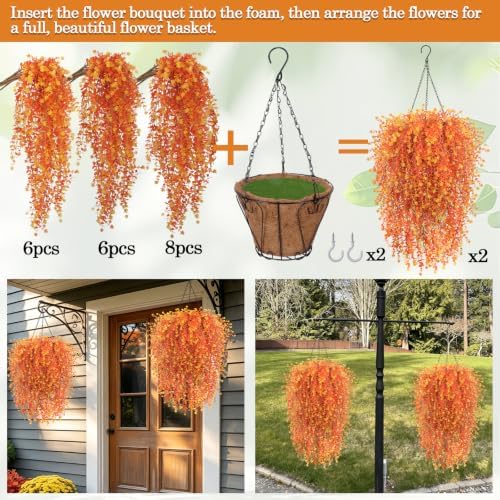 2 Set Fall Artificial Flower Hanging Baskets for Outdoors, UV Resistant
