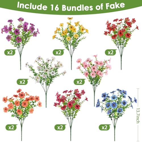 16PCS UV Resistant Artificial Flowers for Outdoors, Mix 8 Colors
