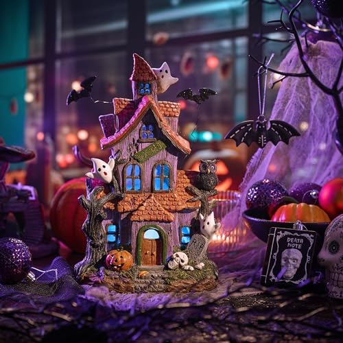 Valery Madelyn Halloween Decorations, Lighted Halloween Village Houses with LED Lights, Resin Spooky Town Happy Haunted House for Home and Party Table Desk Mantel, 9 Inch